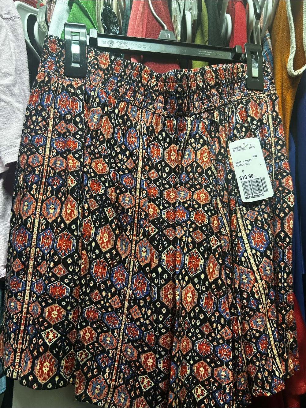 Forever 21 Black Mini Skirt with Rust and Blue Geometric Print